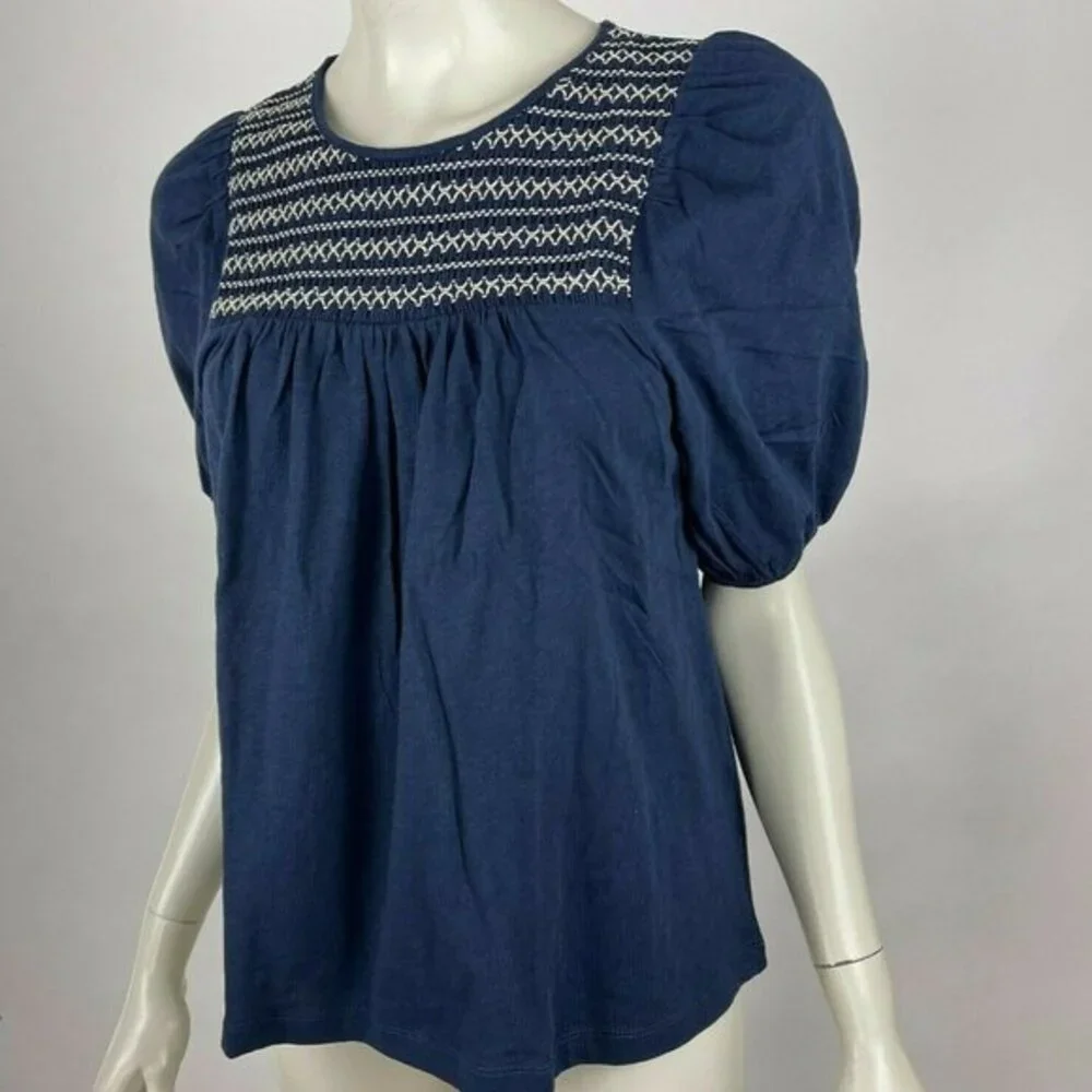 J Crew Puff-sleeve T-shirt Smocked Yoke Short Sleeve Round Neck Navy Women S NWT